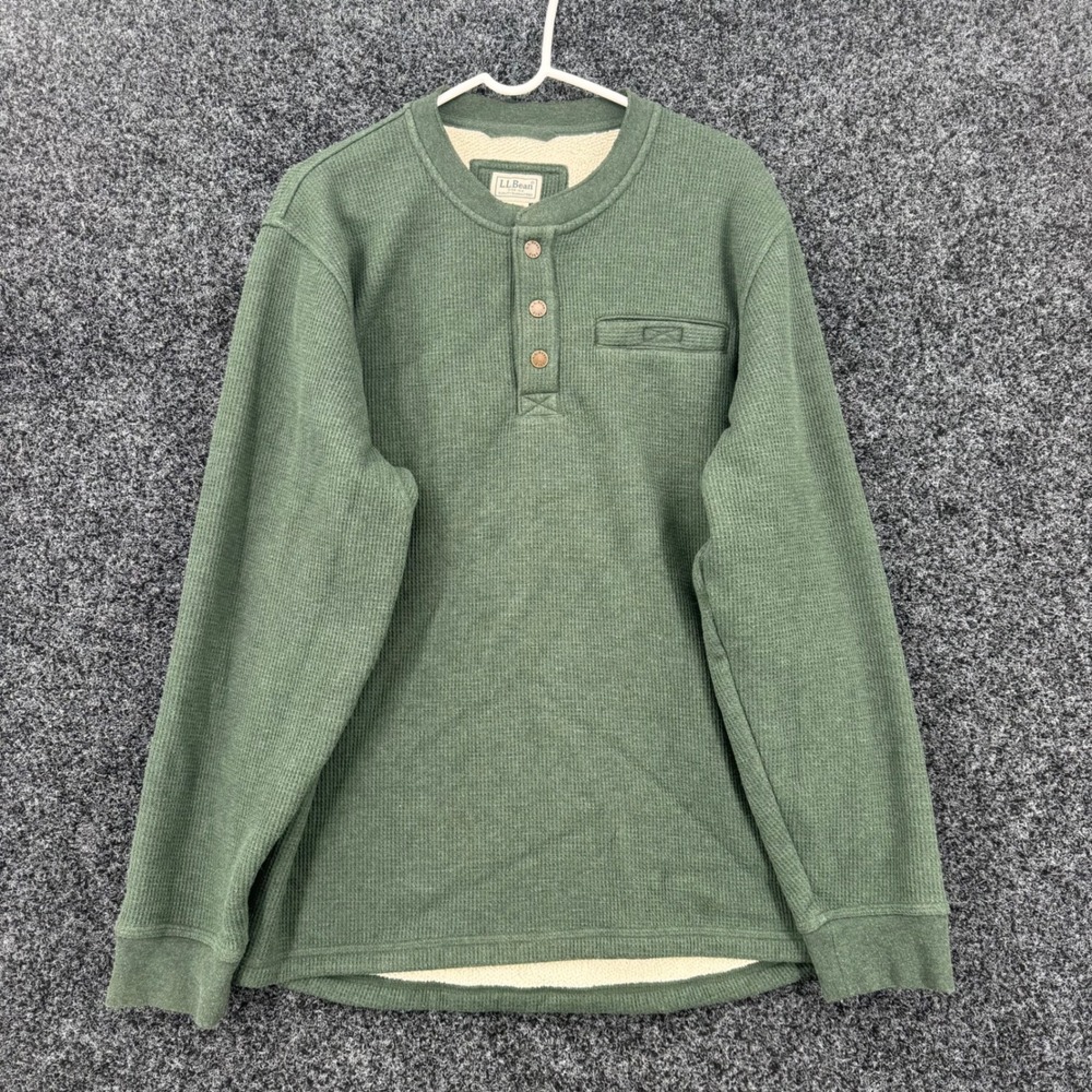 LL Bean Mens Henley Shirt Large Green Waffle Knit Sherpa Lined Fleece 298100